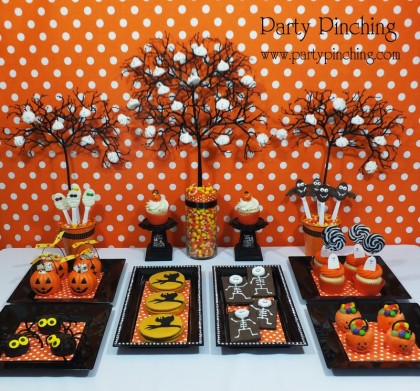 halloween party, halloween dessert table, halloween kids treats, spider donuts, moon pie cats, graham marshmallow skeletons, mummy spoons, bat spoons, ghost cookies, rice krispie treat pumpkins