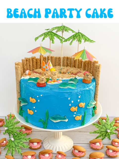 beach party cake, best easy beach party cake teddy graham drink umbrellas, cute beach party cake
