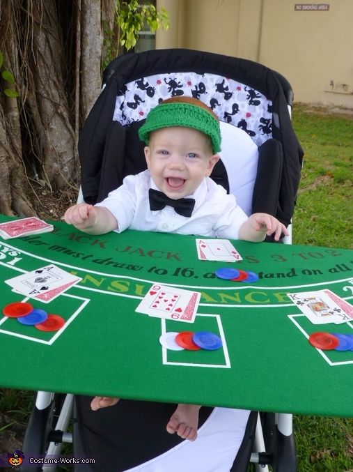 cute baby Halloween costume with stroller, blackjack dealer costume, casino costume, cute kids children costume ideas for Halloween, adorable baby costumes for Halloween party