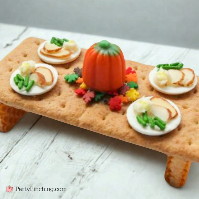 Teeny Tiny Turkey Table, Thanksgiving graham cracker table miniature table with turkey plates mashed potatoes green beans pumpkin candy centerpiece, fun food craft activity for Thanksgiving for adults and children