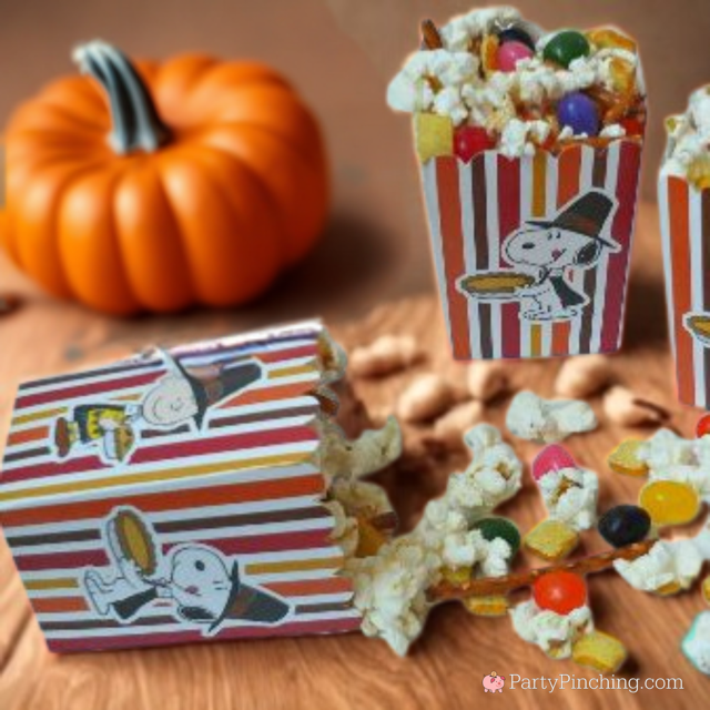 Charlie Brown Thanksgiving Snack, easy snack mix that Snoopy made, Thanksgiving dinner Snoopy made, popcorn pretzels, jelly beans and toast for Charlie Brown Thanksgiving Snoopy Linus