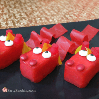 rice krispie treat dragons, easy to make Chinese Lunar New Year dessert party food recipe ideas for kids, cute easy dragon dessert for Chinese New Year Lunar New Year