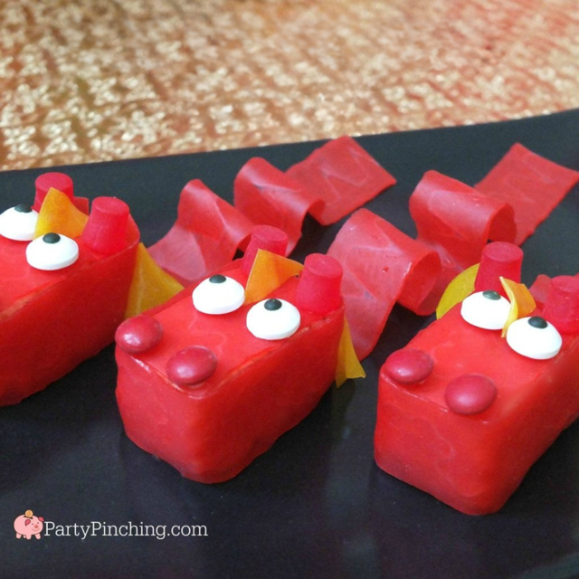 rice krispie treat dragons, easy to make Chinese Lunar New Year dessert party food recipe ideas for kids, cute easy dragon dessert for Chinese New Year Lunar New Year