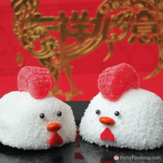 rooster snack cake puffs Hostess sno balls snoballs, easy year of the rooster Chinese Lunar New year dessert food recipe ideas, best easy Chinese New Year Lunar party food ideas