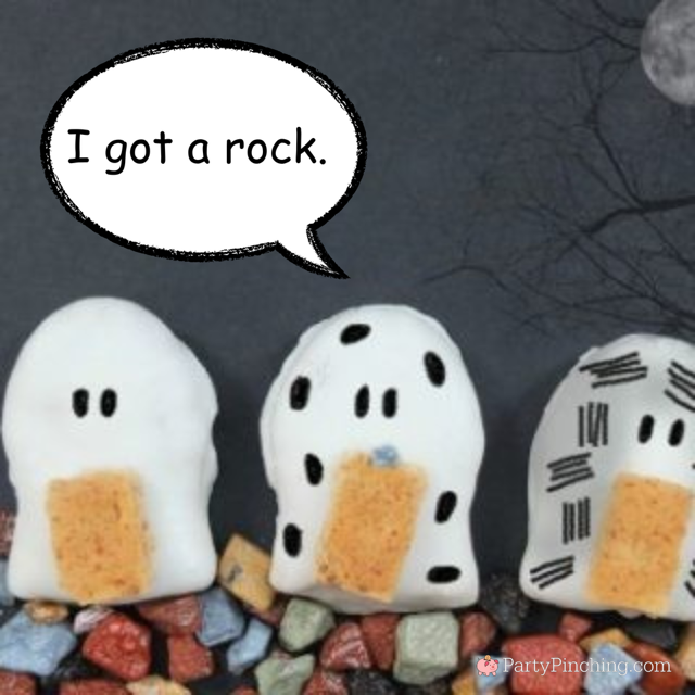 Nutter Butter Charlie Brown I got a rock Halloween cookie, It's the Great Pumpkin Charlie Brown cookie no bake easy to make fun food craft for kids, easy Halloween cookie recipe Snoopy Linus Lucy Peanuts gang
