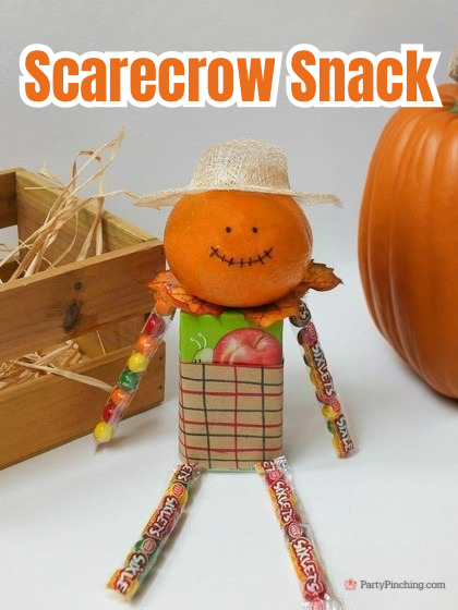 scarecrow snack, easy best scarecrow snack harvest party fall autumn party classroom party ideas, food craft for kids Halloween harvest fall, tangerine mandarin orange juice box sixlet candies