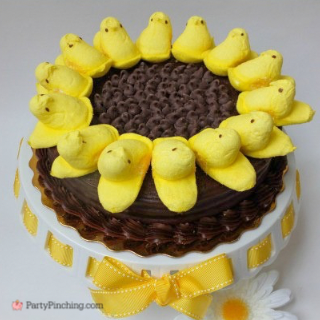 Peep sunflower cake, easy best no bake Easter cake, fast simple store-bought cake decorated for Easter, no decorating skills needed cake for Easter, Easter sunflower Peep chicks cake, super easy Easter dessert ideas quick fast budget friendly