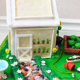Greenhouse gingerbread house cake, garden party ideas, cute food, fun food for kids, sweet treats, garden cookies, mini vegetables made from candy, watermelon fondant, garden party, mini vegetables made from candy