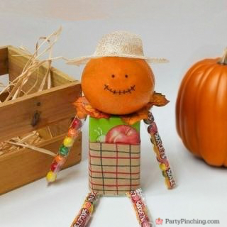 cute scarecrow snack tangerine candy leaf juice box snack harvest party halloween thanksgiving fall autumn kid food craft for school, best food and craft ideas for kids fall autumn Halloween Thanksgiving class party