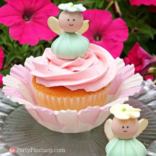 fairy cupcakes, best easy fairy garden cupcakes, best easy fairy cake cupcake party recipes, cute fairy made from meringue cookies and candy