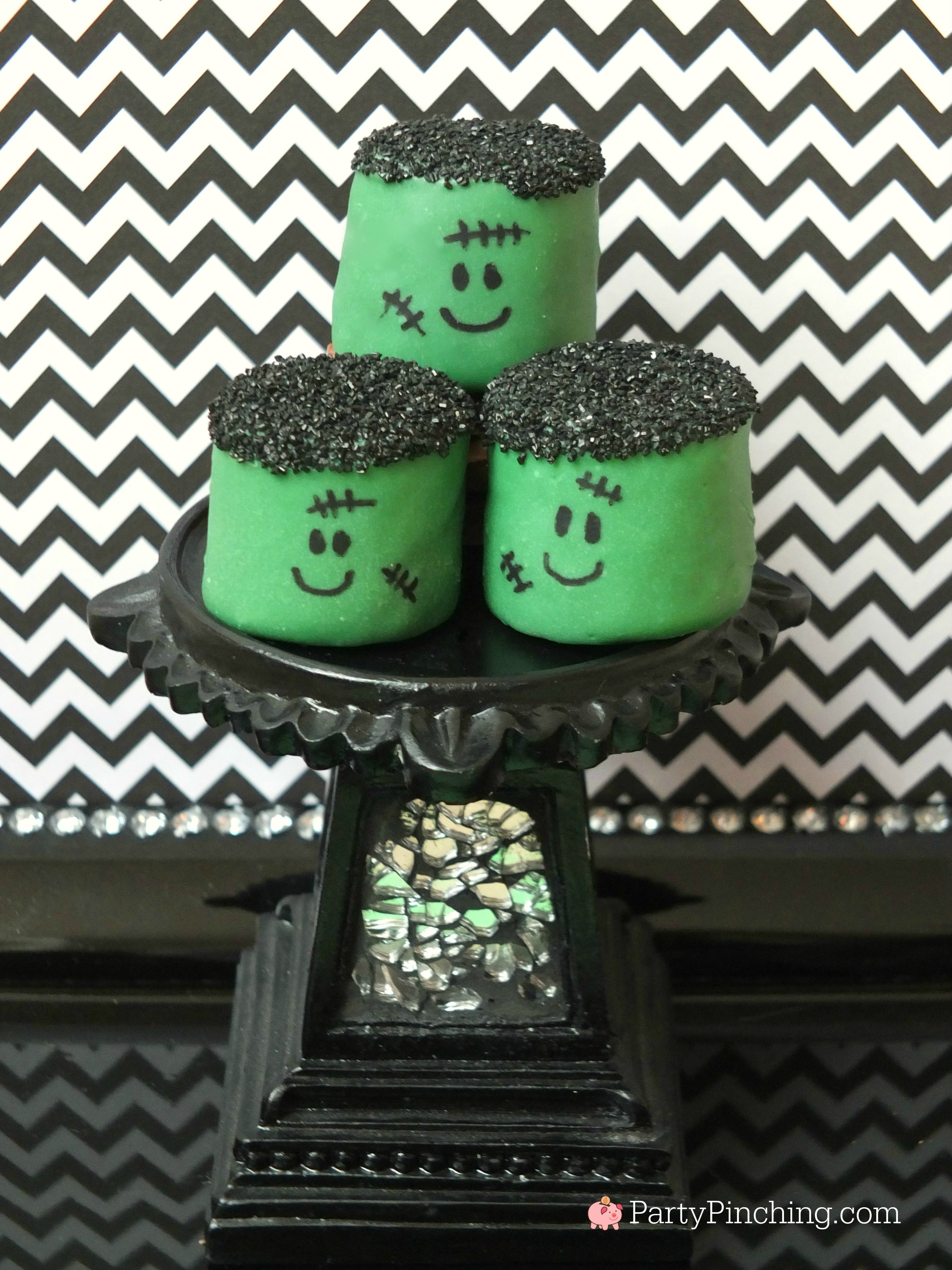 marshmallow frankensteins, easy halloween dessert, halloween party ideas for kids, marshmallow frankies