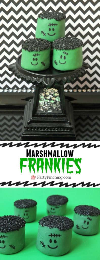 marshmallow frankensteins, easy halloween dessert, halloween party ideas for kids, marshmallow frankies