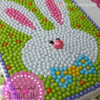 Easter bunny cake, sixlets, candy coated cake sixlets, cute adorable bunny cake, easy no skill decorating cake, fun Easter cake for kids, Sixlets gumballs shimmer candy cake