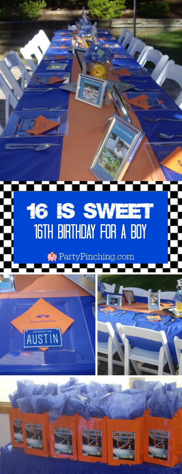 boy sweet 16 party, car license theme party, blue and orange party, 16 is sweet, fun teenage boy party ideas, car & driver sweet 16 party