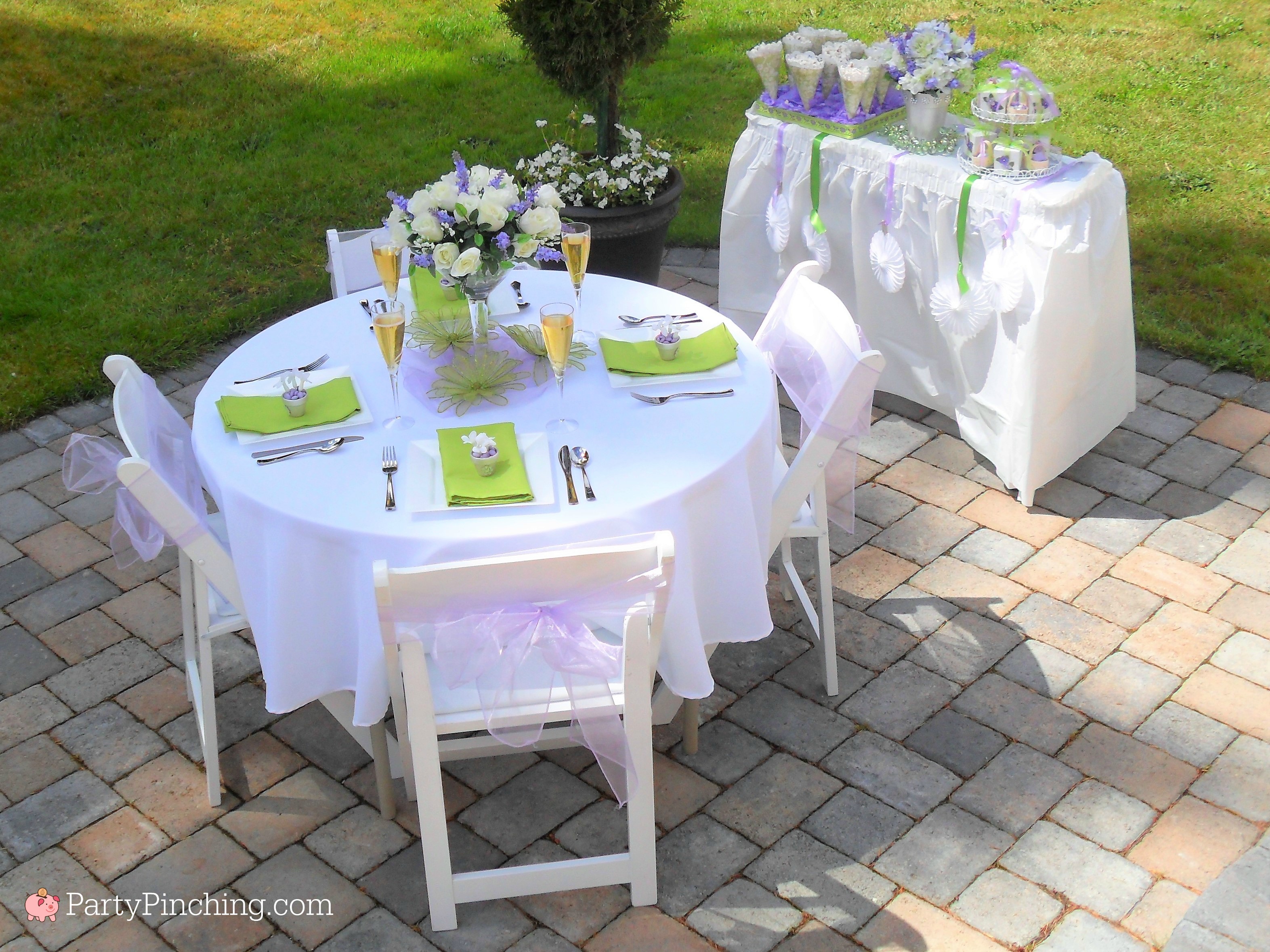 bridal shower ideas, budget friendly inexpensive bridal shower luncheon, garden outdoor patio bridal shower, lavender bridal shower, pretty purple lunch bridal shower, easy beautiful bridal shower ideas