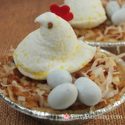 spring chicken pudding pies, easy best spring chicken cute Easter treat for spring marshmallow chicken Peeps lemonade marshmallow, chicken coconut cream pie, cute chicken dessert party ideas for Easter, best Easter chicken theme party food dessert recipe ideas, no bake chicken pie