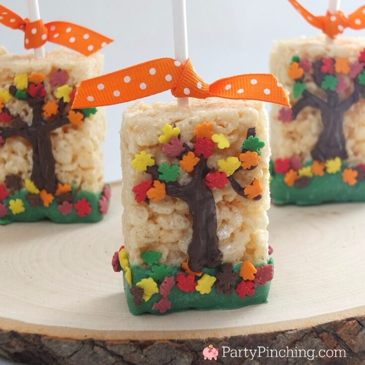 Fall rice krispie treats with tree and falling leaves sprinkles, Fall Autumn no bake dessert rice krispy crispy treats