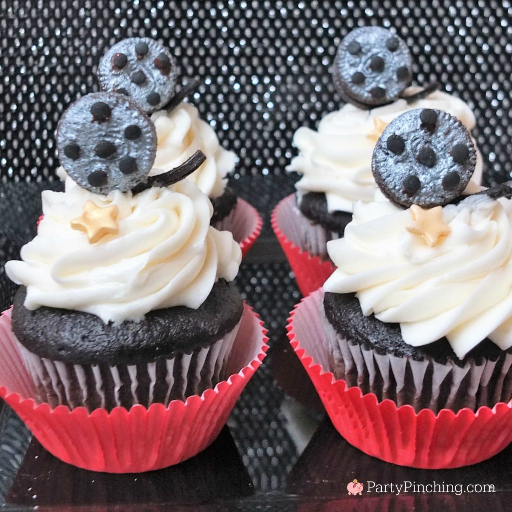 movie cupcakes, movie party ideas, red carpet party ideas, oscar party ideas, film reel cupcakes, family movie night food ideas, academy award party food recipes