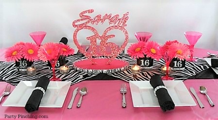 sweet 16 pink zebra glitter, affordable budget friendly sweet 16 party ideas, sweet pink 16 party for a girl