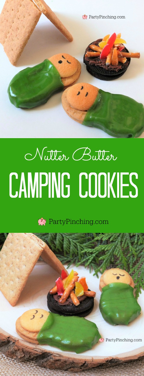 Camping cookies, camping party ideas, cute camp cookies, easy sleepover cookies, slumber party cookies, Nutter Butter campers, 