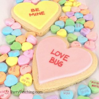 Valentine's Day heart sweetheart conversation candy cupcakes tutorial easy DIY recipe for kids fun edible craft love bug cookies classroom class parties, Valentine's Day sweetheart cookies, Valentine's Day heart cookies