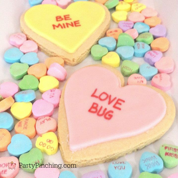 Valentine's Day heart sweetheart conversation candy cupcakes tutorial easy DIY recipe for kids fun edible craft love bug cookies classroom class parties, Valentine's Day sweetheart cookies, Valentine's Day heart cookies