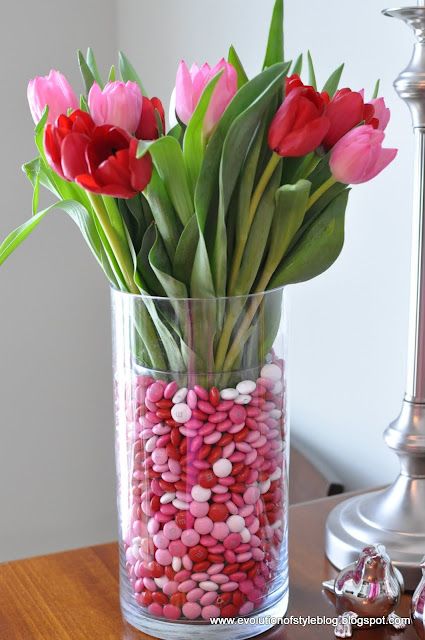 candy M&M valentine's day DIY centerpiece vase with flowers
