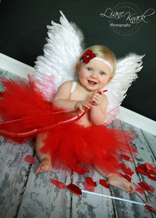 Adorable cute cupid Valentine's Day baby girl photo shoot idea for kids, red tutu feather wings cupid, Valentine's day props for cupid baby infants