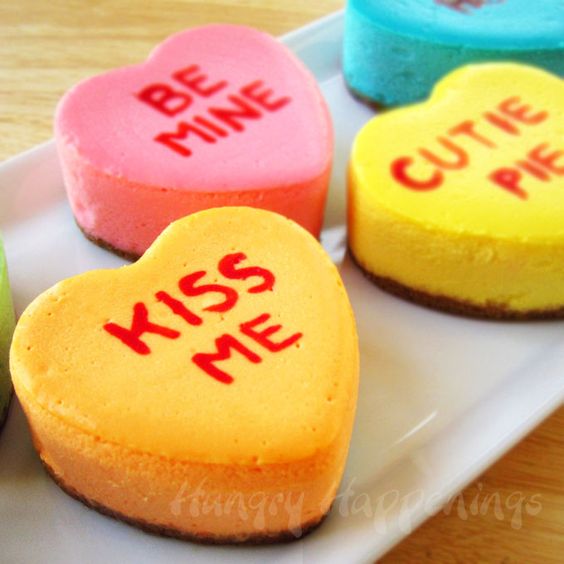 Conversation sweetheart cheesecakes, cute cheesecake dessert recipe, Valentine's Day cheesecake recipe, adorable cheesecake heart pastels, fun Valentine's day food ideas