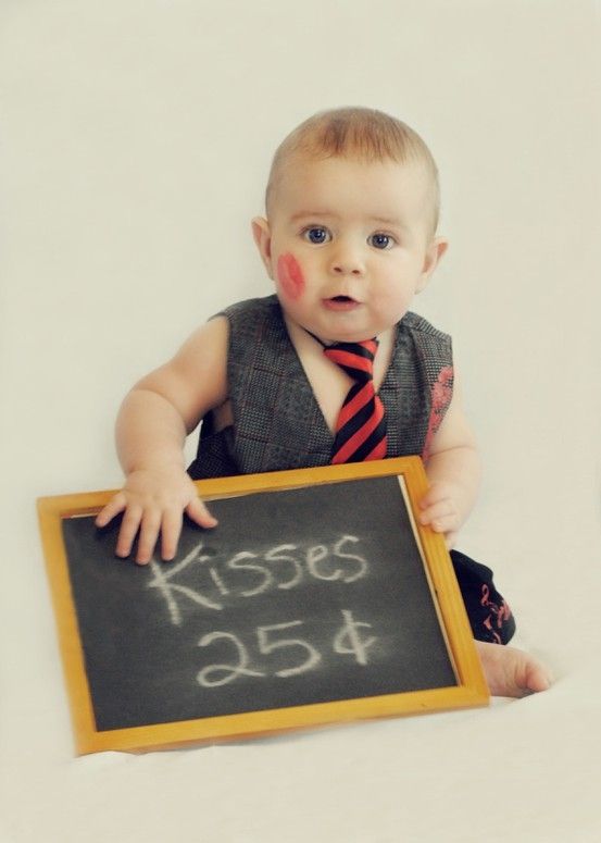 cute adorable baby boy Valentine's Day photo shoot ideas kisses booth, chalkboard kisses, suit and tie baby photos, kiss me photo