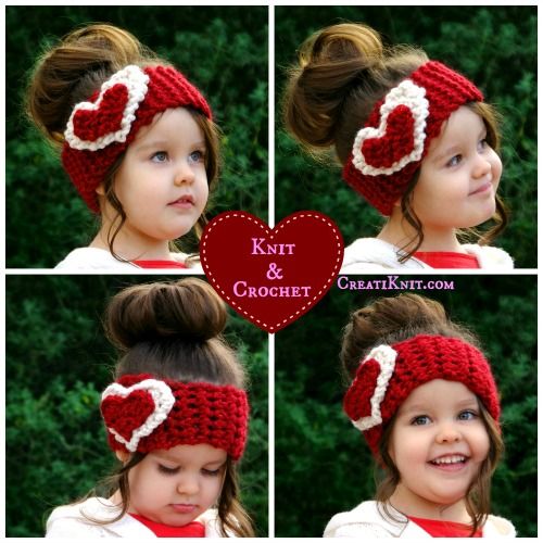 cute knit and crochet heart headband, Valentine's day knit crochet craft, adorable knit hat for girls red and white