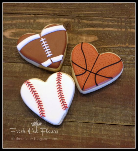 Sports heart cookies, basketball heart cookie, football heart cookies, baseball heart cookie, cute Valentine's Day dessert ideas for men boyfriend guys