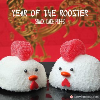 Year of the Rooster Snack Cake Puffs, Chinese New Year Rooster dessert, Lunar New Year Rooster treat, fun food for kids, sweet treats, cute Rooster snack cake, Chinese New Year Lunar New Year food ideas, cute food, adorable rooster