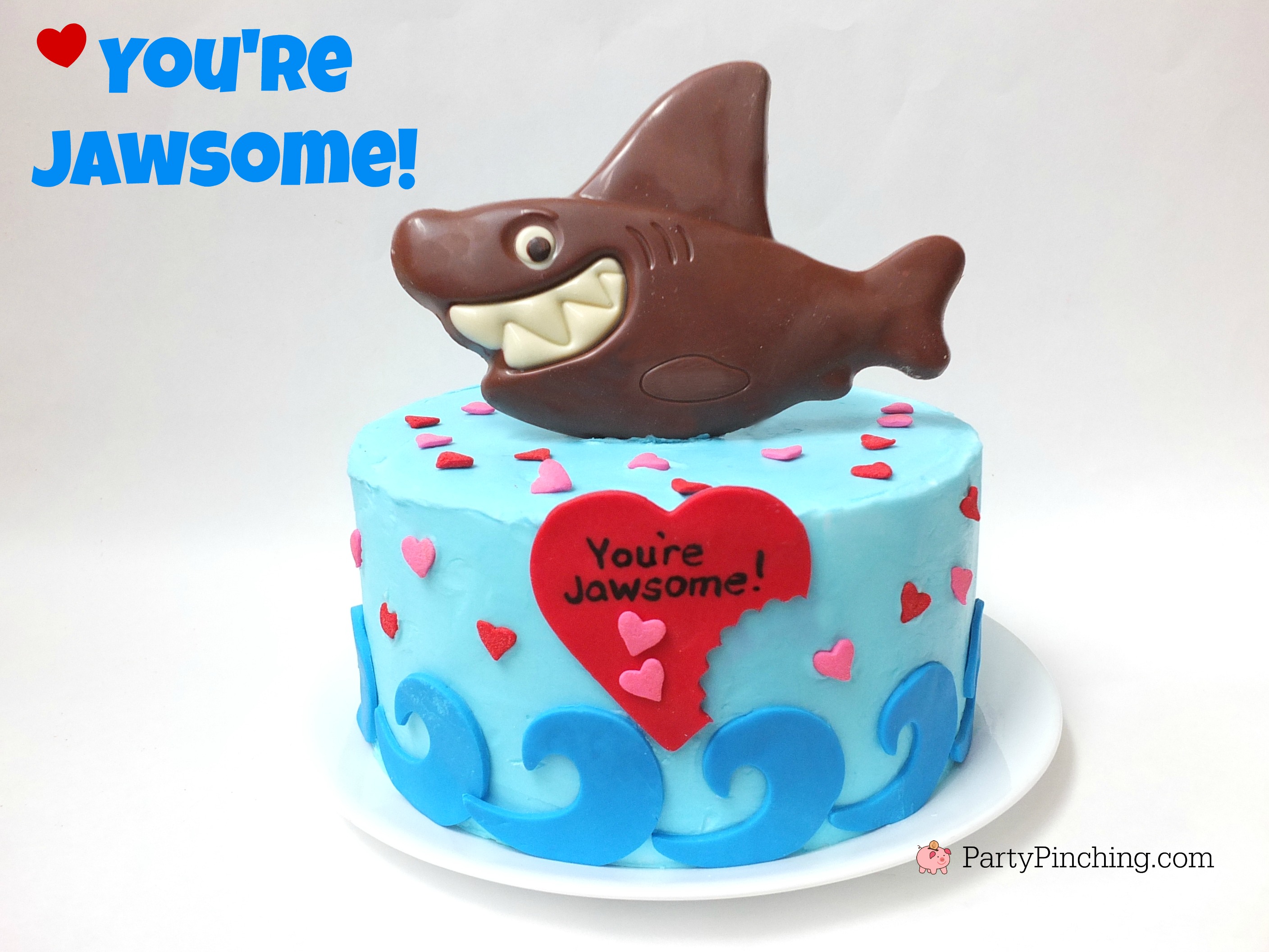 shark cake, you're jawsome Valentine's Day cake, RM Palmer shark chocolate, shark tank, shark party theme, beach cake, cute shark cake ideas, shark week dessert party ideas