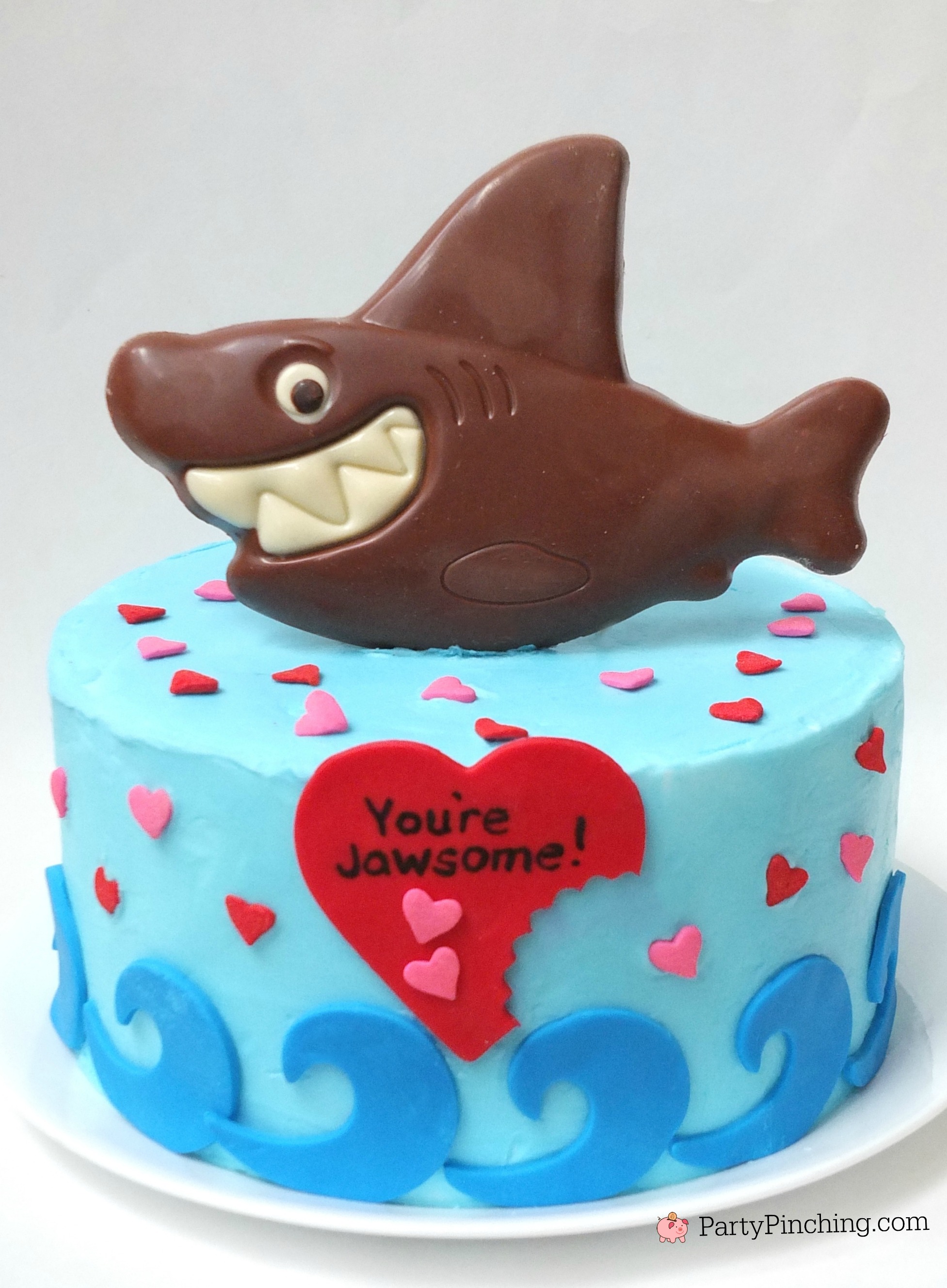 Valentines Day 2020, shark cake, you're jawsome Valentine's Day cake, RM Palmer shark chocolate, shark tank, shark party theme, beach cake, cute shark cake ideas, shark week dessert party ideas