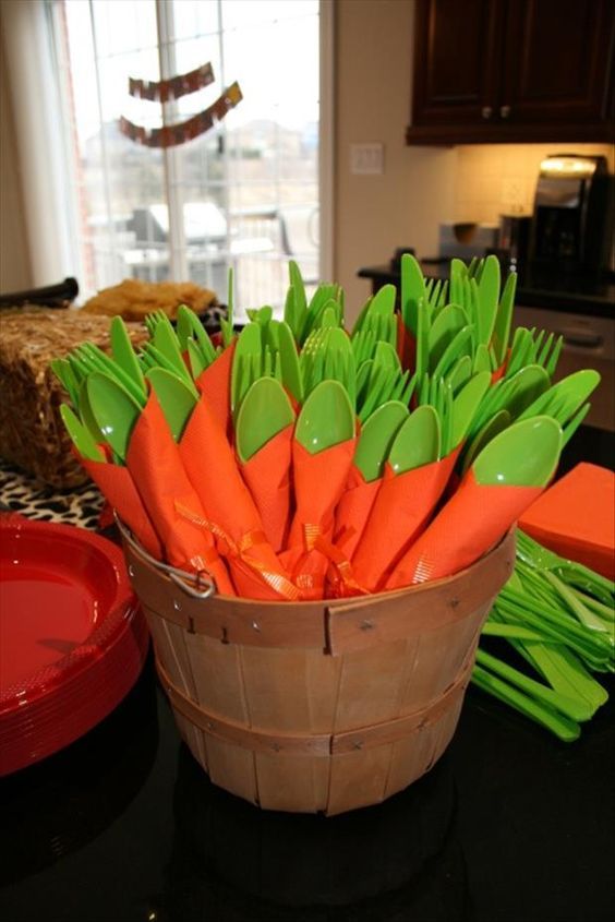 Best Easter food and craft ideas, bushel of carrot napkin utensils for Easter brunch