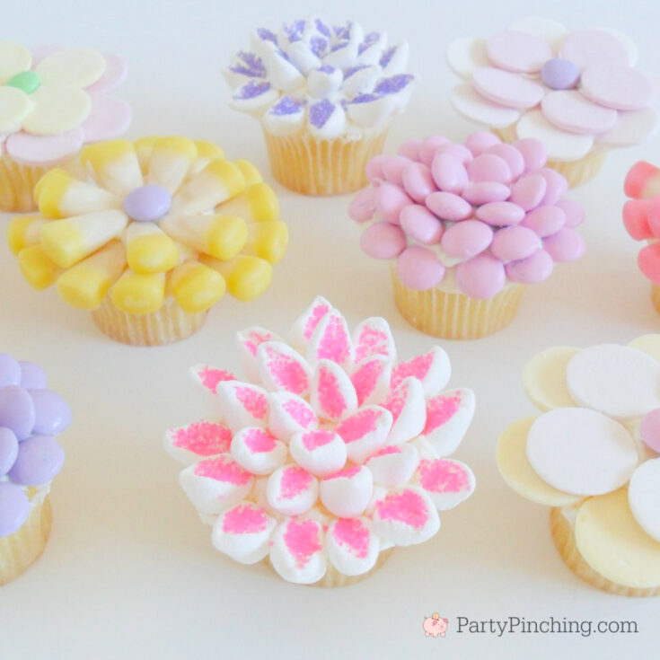 spring marshmallow flower cupcake decorations, easy spring flower cupcakes, best easy spring flower cupcake decorations step by step