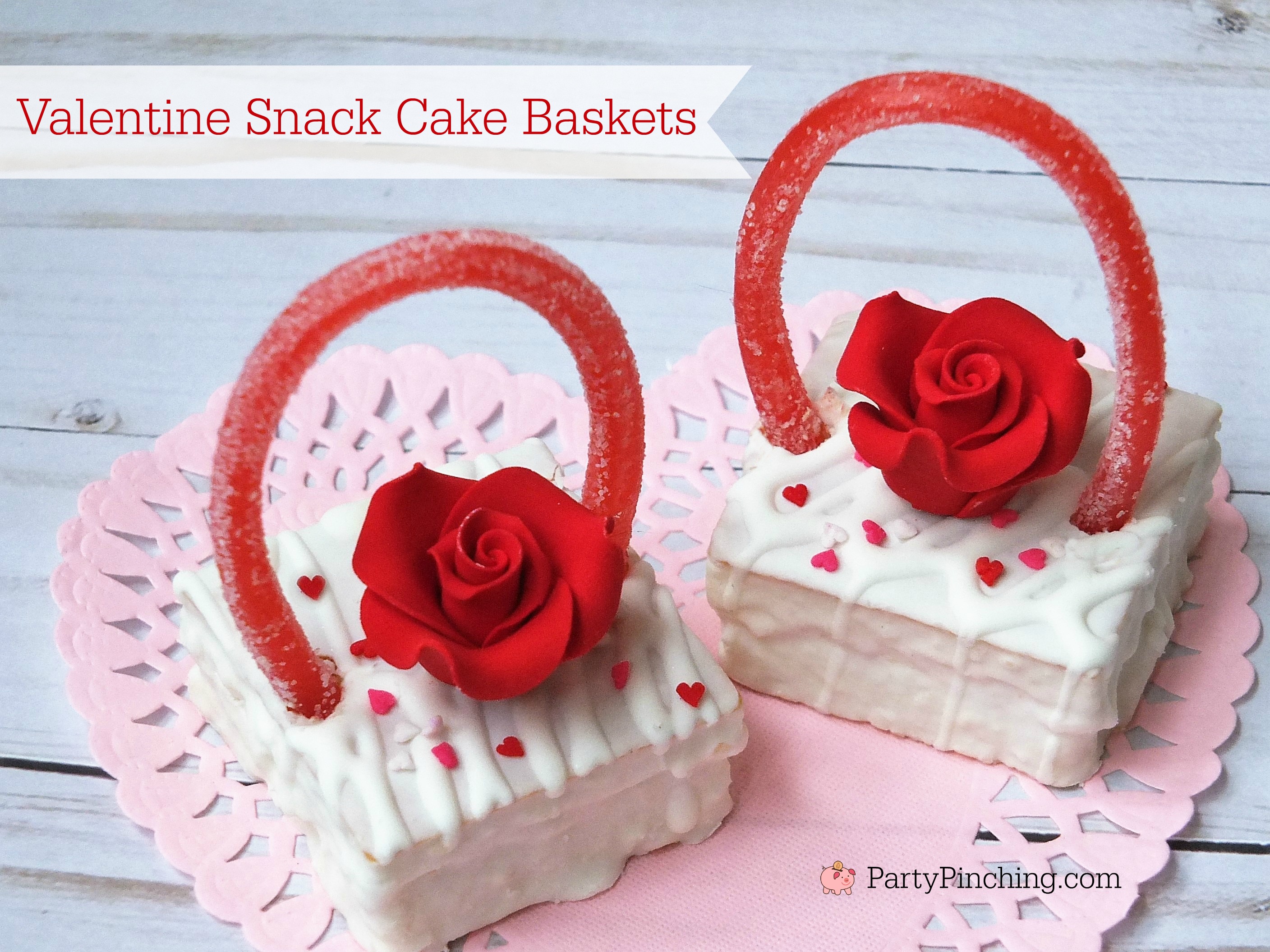 Easy Valentine's Day dessert ideas, Valentine snack cake baskets, cute food, fun food for kids, Valentine's Day party classroom idea treats, Little Debbie Fancy Cakes, adorable pretty Valentine's Day dessert ideas