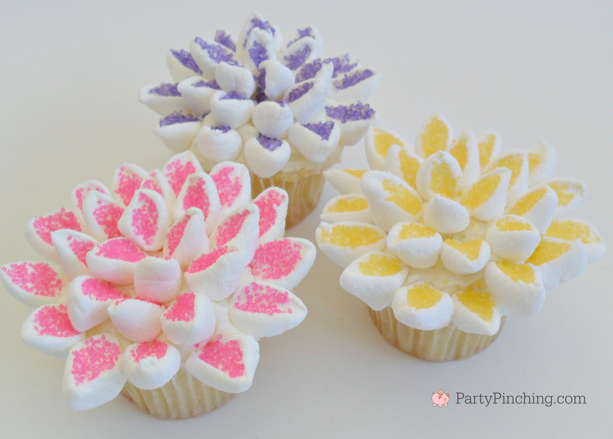 Spring flower cupcakes, easy mini cupcakes for Easter, candy decorated cupcakes, M&M marshmallow candy Necco, candy corn cupcakes, fun food for kids, sweet treats