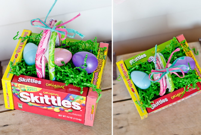 Best Easter food and craft ideas, candy movie box skittles DIY Easter basket