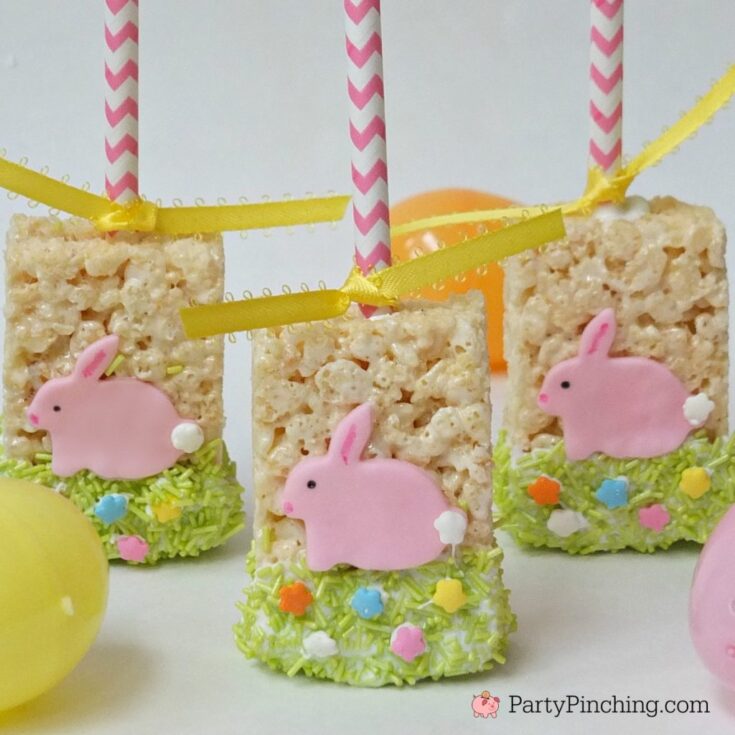 Easter Bunny Rice Krispie Treat bars pops, easy to make Easter Rice Krispie treats, easy best Easter dessert ideas no bake recipe, no decorating skill necessary for Easter bunny rice Krispie treats, store-bought rice krispie treat decorations