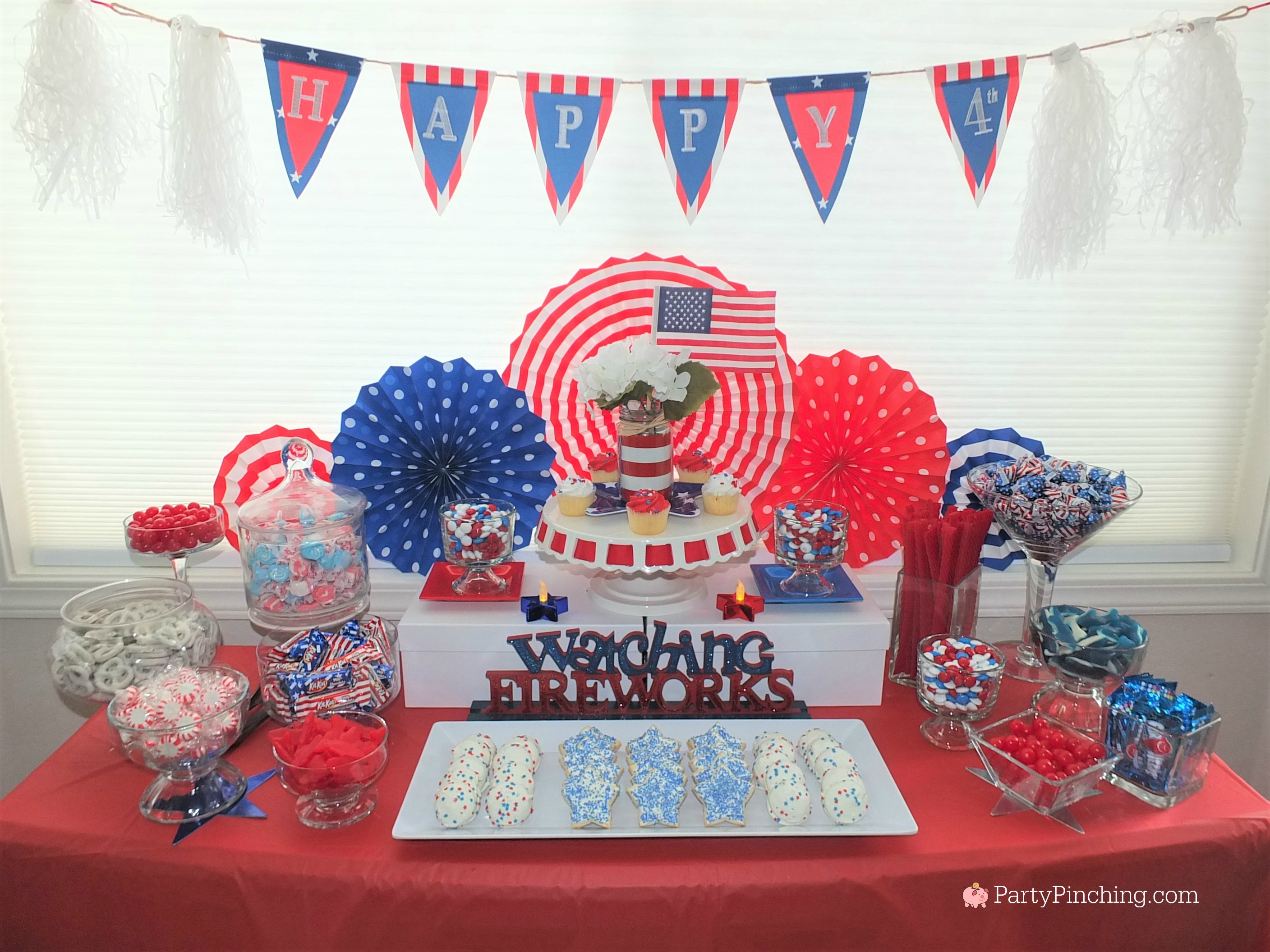 4th of July, Fourth of July party ideas, fun 4th of July party treat ideas, 4th of July food, fun food for kids, patriotic party ideas, firecracker fireworks, red white blue, 4th of July cookie, 4th of July candy buffet, watermelon cookies, flip flop cookies