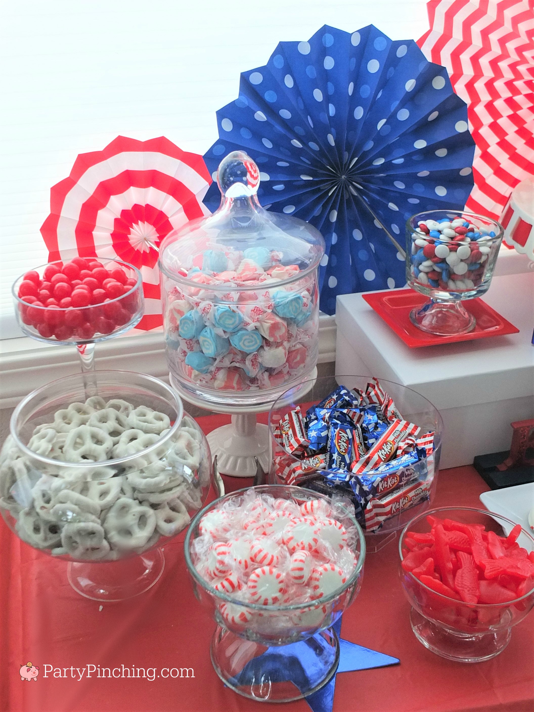 4th of July dessert ideas, easy patriotic candy buffet, red white & blue food