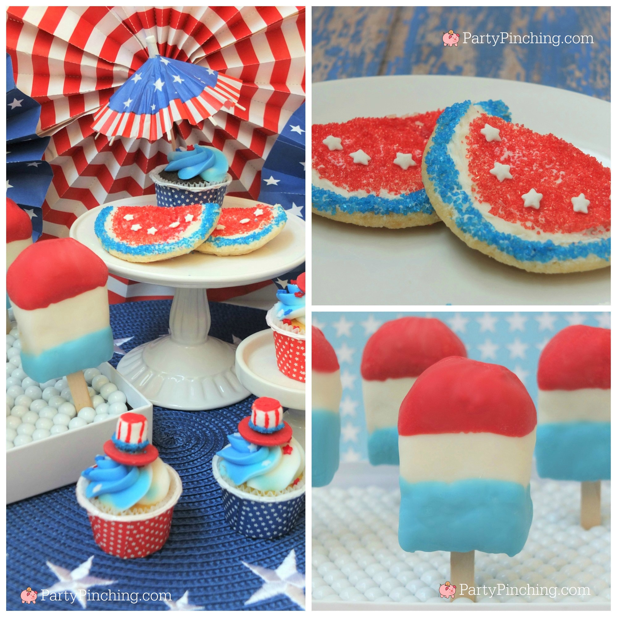 4th of July, Fourth of July party ideas, fun 4th of July party treat ideas, 4th of July food, fun food for kids, patriotic party ideas, firecracker fireworks, red white blue, 4th of July cookie, 4th of July candy buffet, watermelon cookies, flip flop cookies