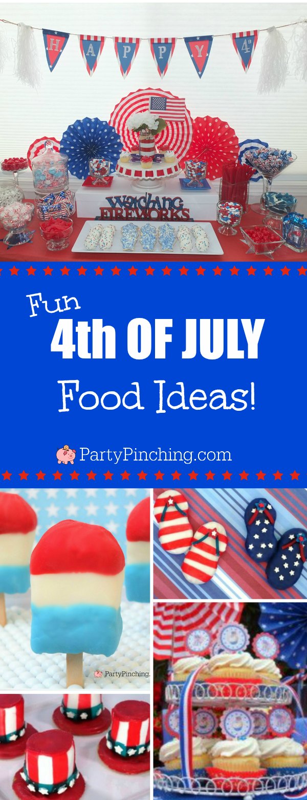 4th of July, Fourth of July party ideas, fun 4th of July party treat ideas, 4th of July food, fun food for kids, patriotic party ideas, firecracker fireworks, red white blue, 4th of July cookie, 4th of July candy buffet, watermelon cookies, flip flop cookies