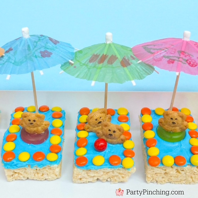 kiddie pool rice krispie treats for summer, easy fun summer pool teddy graham treats for kids to make, easy best summer treats for kids, cute summer rice krispie treat for kids with teddy grahams