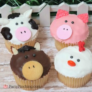 farm barnyard animal cupcakes, cow cupcake, pig cupcake, chicken rooster cupcake, horse cupcake, cute food, fun food for kids, sweet treats, farm theme party ideas, animal cupcakes, easy and furn cupcakes kids can make, no bake cupcakes, grocery store cupcakes