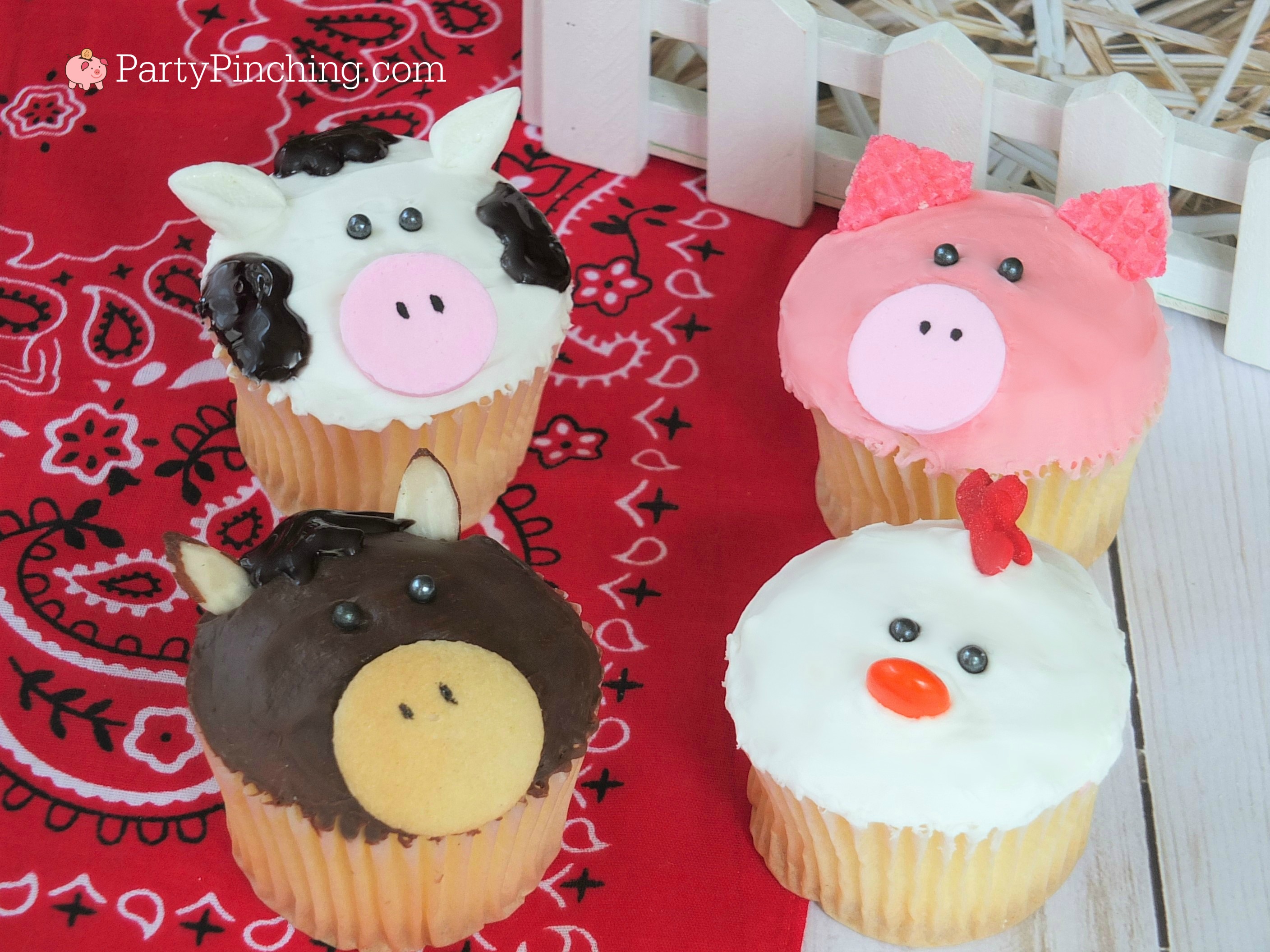 farm barnyard animal cupcakes, cow pig horse chicken cupcakes