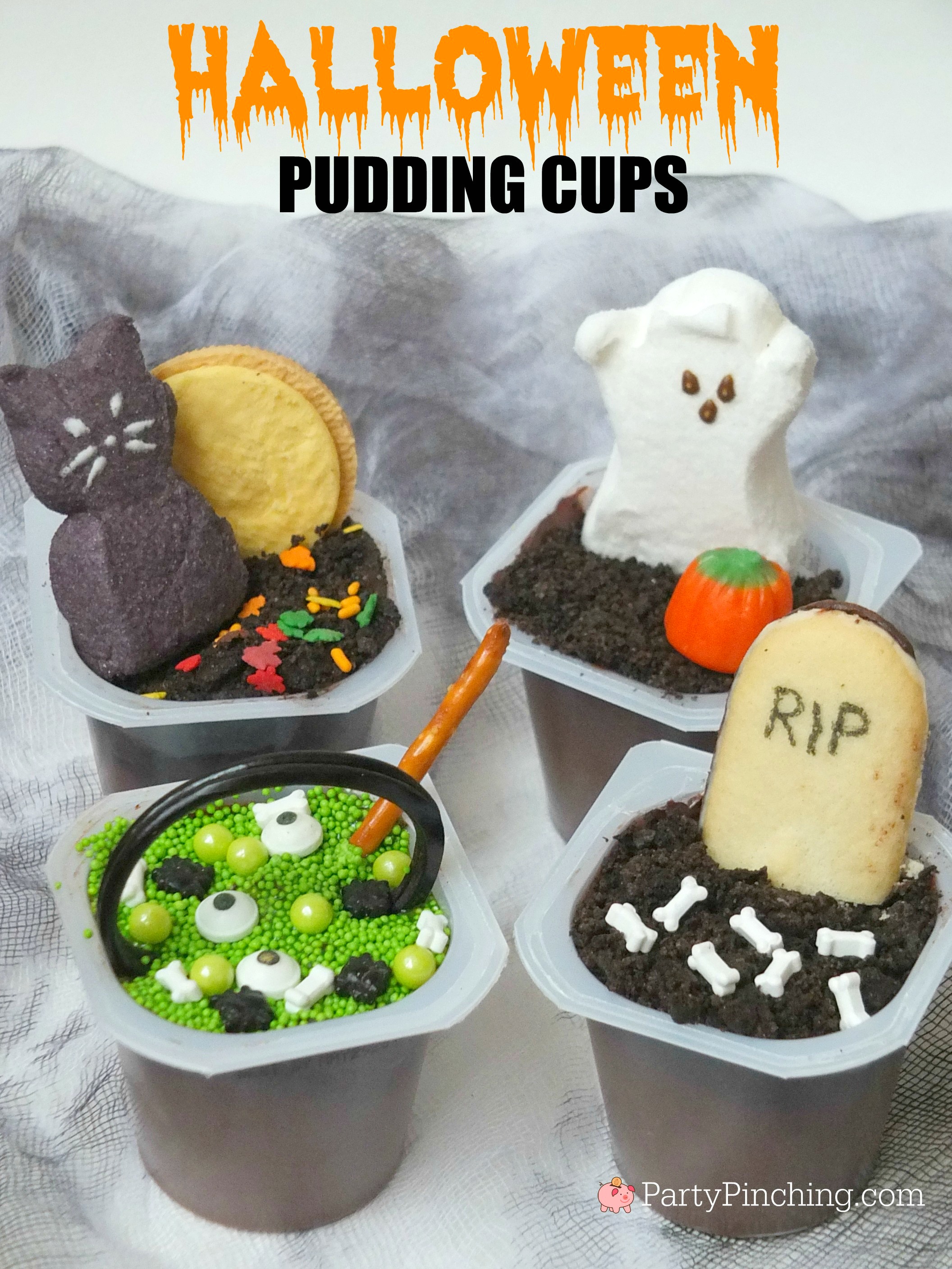 Halloween Pudding cups, easy to make Halloween treats for kids, dessert ideas for Halloween, cute food, fun food for kids, sweet treats, ghost PEEPS, cat PEEPS, tombstone cookies, witch's brew pudding, ghost pudding cups, graveyard pudding cups