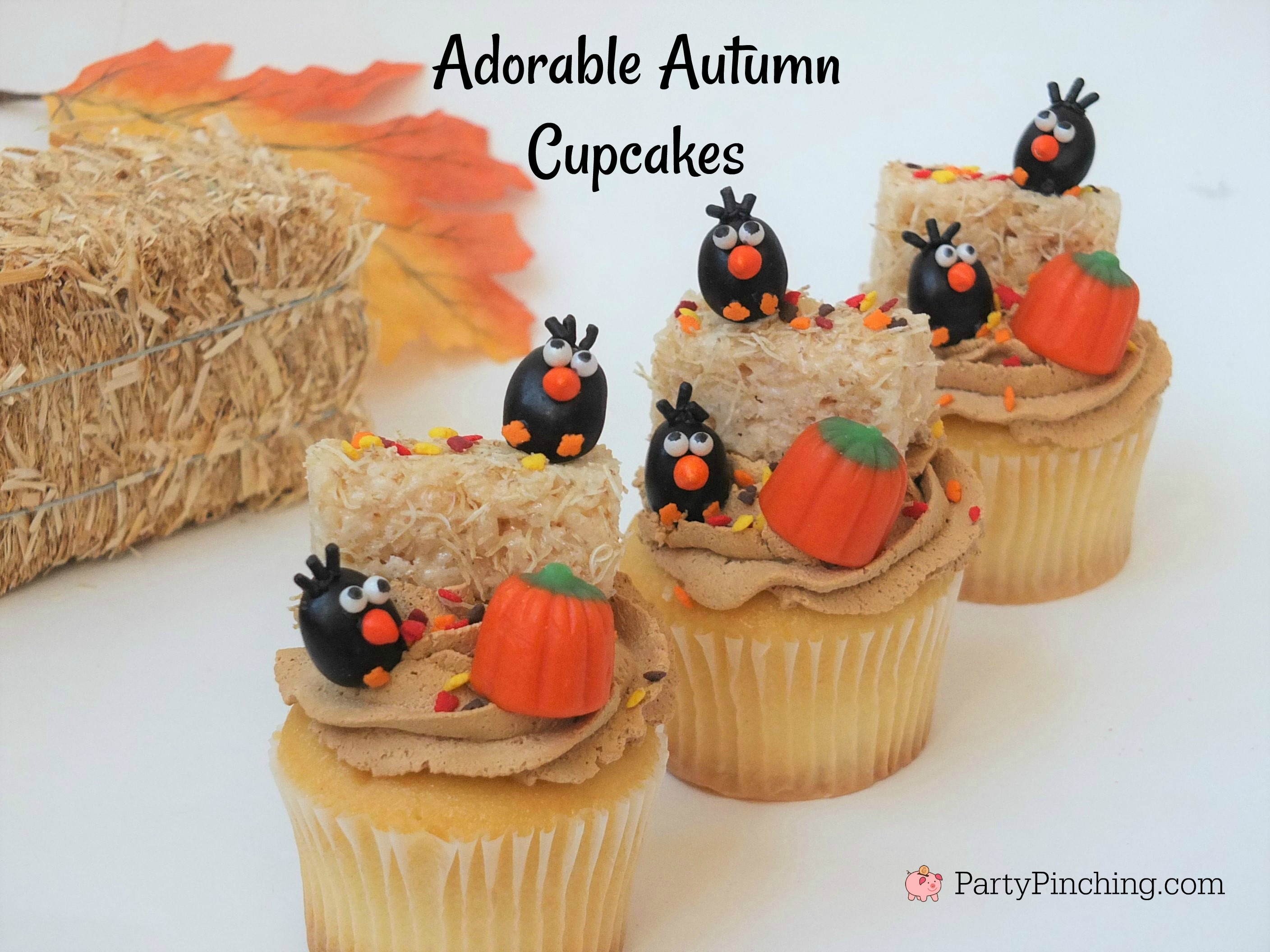 crow cupcakes, adorable autumn fall cupcakes, jelly bean crows, cute food, fun food for kids, hay bale cupcakes rice krispie haybales with leaf sprinkles, ask for whipped, caramel whipped icing frosting